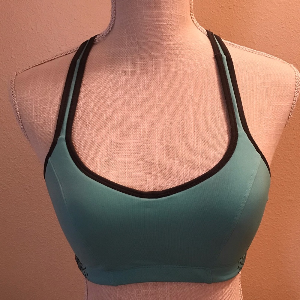 Sports bra blue with black trim light padding v neck very flattering pretty bra - Picture 1 of 5